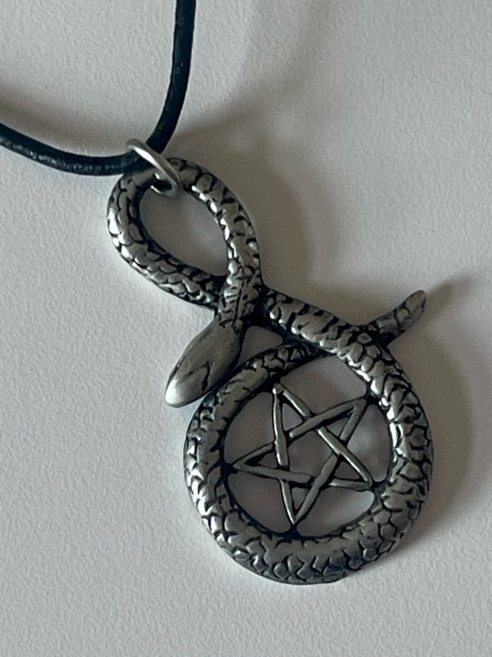 Pewter Snake Pentagram Star Pentacle Pendant on Adjustable Leather Necklace